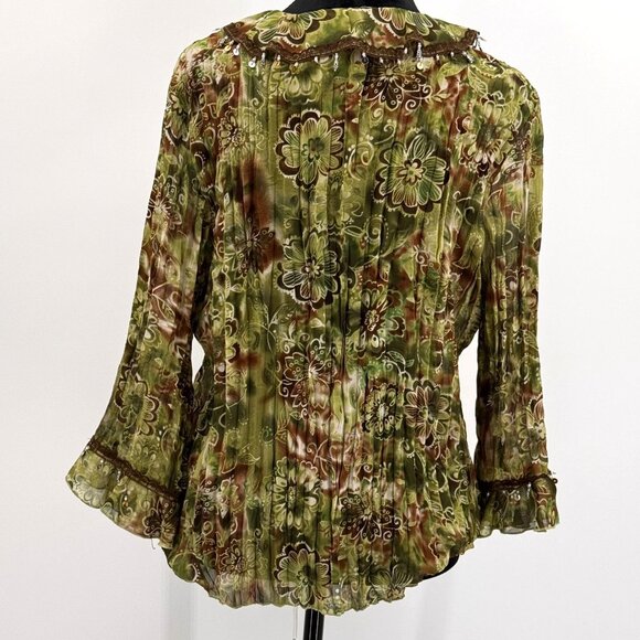 Vtg Bay Studio Green Floral Blouse L Sequins Lace Fairy Goblin Core‎ Peter Pan - Picture 8 of 8